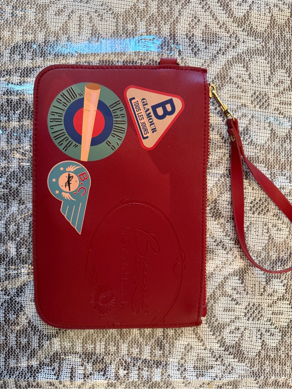 Red Wristlet Make-Up Bag Clutch with Travel Patch Details